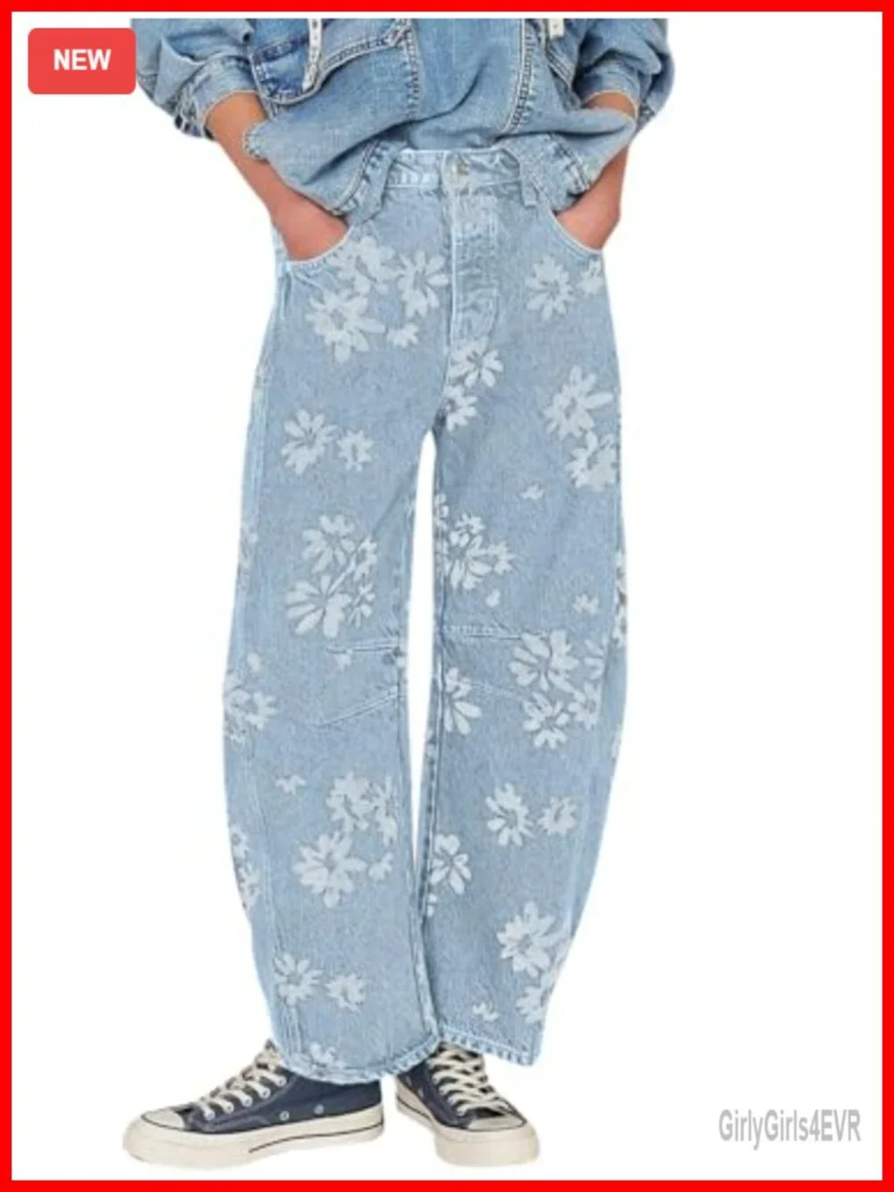 Y2K Baggy Barrel Jeans Women Floral Patchwork Wide Leg Denim Pants